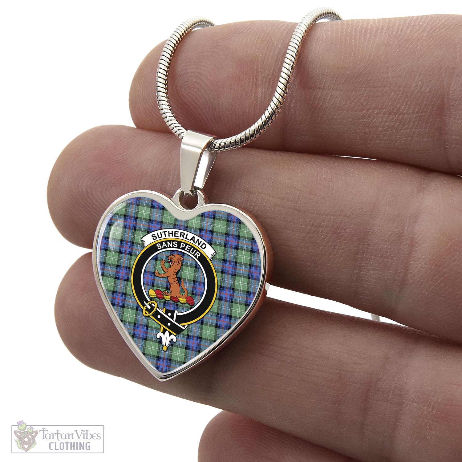 Tartan Vibes Clothing Sutherland Ancient Tartan Heart Necklace with Family Crest