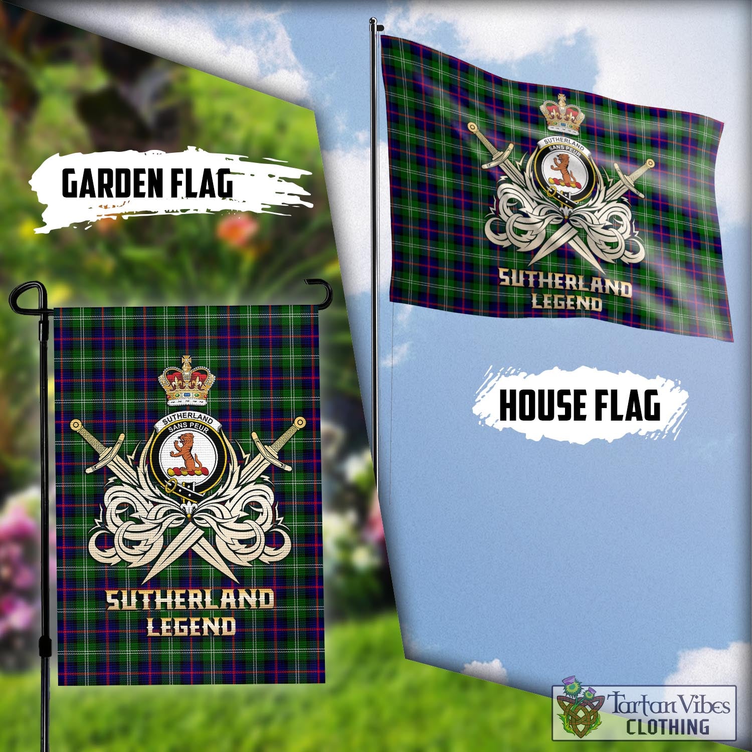 Tartan Vibes Clothing Sutherland Modern Tartan Flag with Clan Crest and the Golden Sword of Courageous Legacy