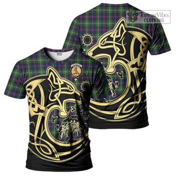 Sutherland Tartan T-Shirt with Family Crest Celtic Wolf Style