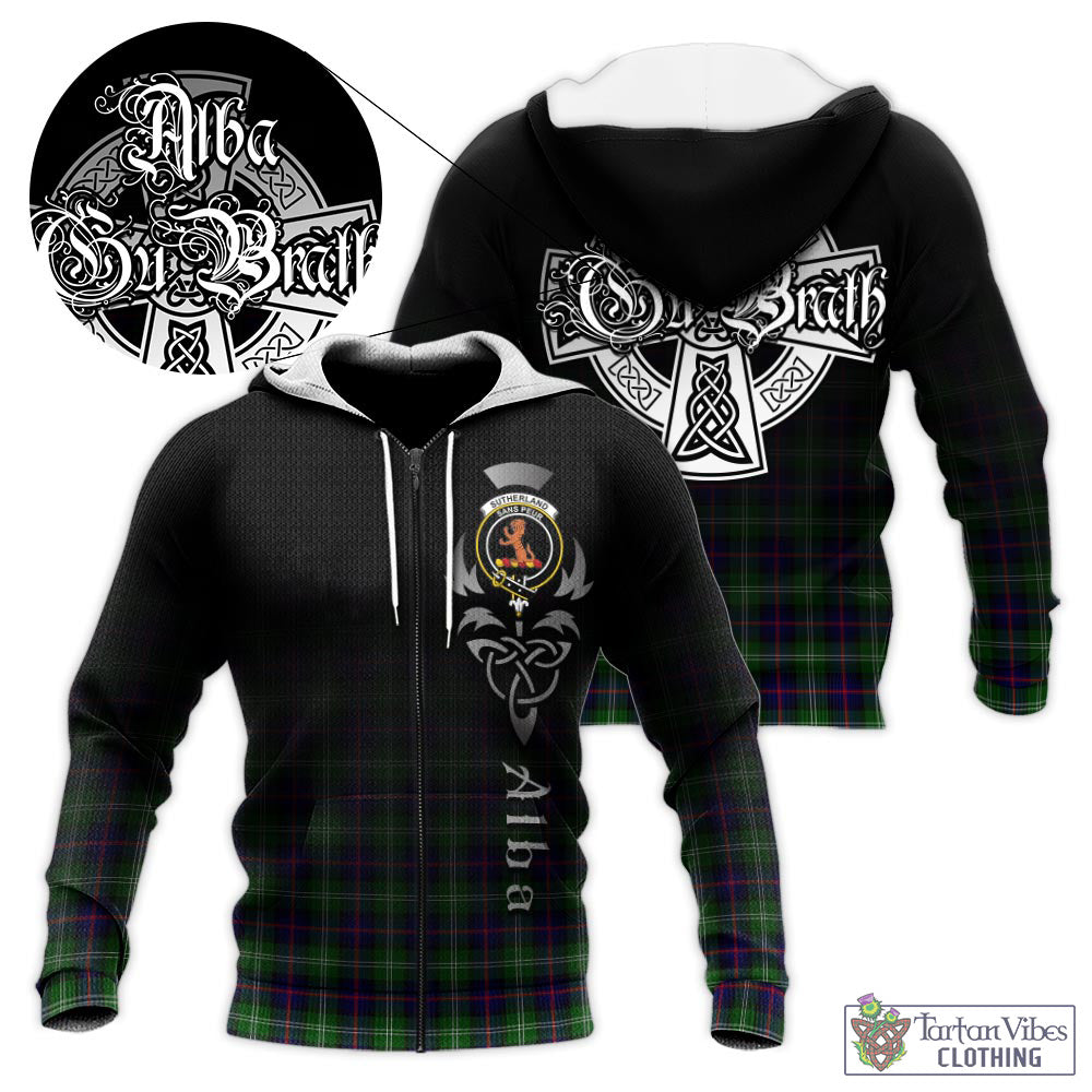 Tartan Vibes Clothing Sutherland Modern Tartan Knitted Hoodie Featuring Alba Gu Brath Family Crest Celtic Inspired