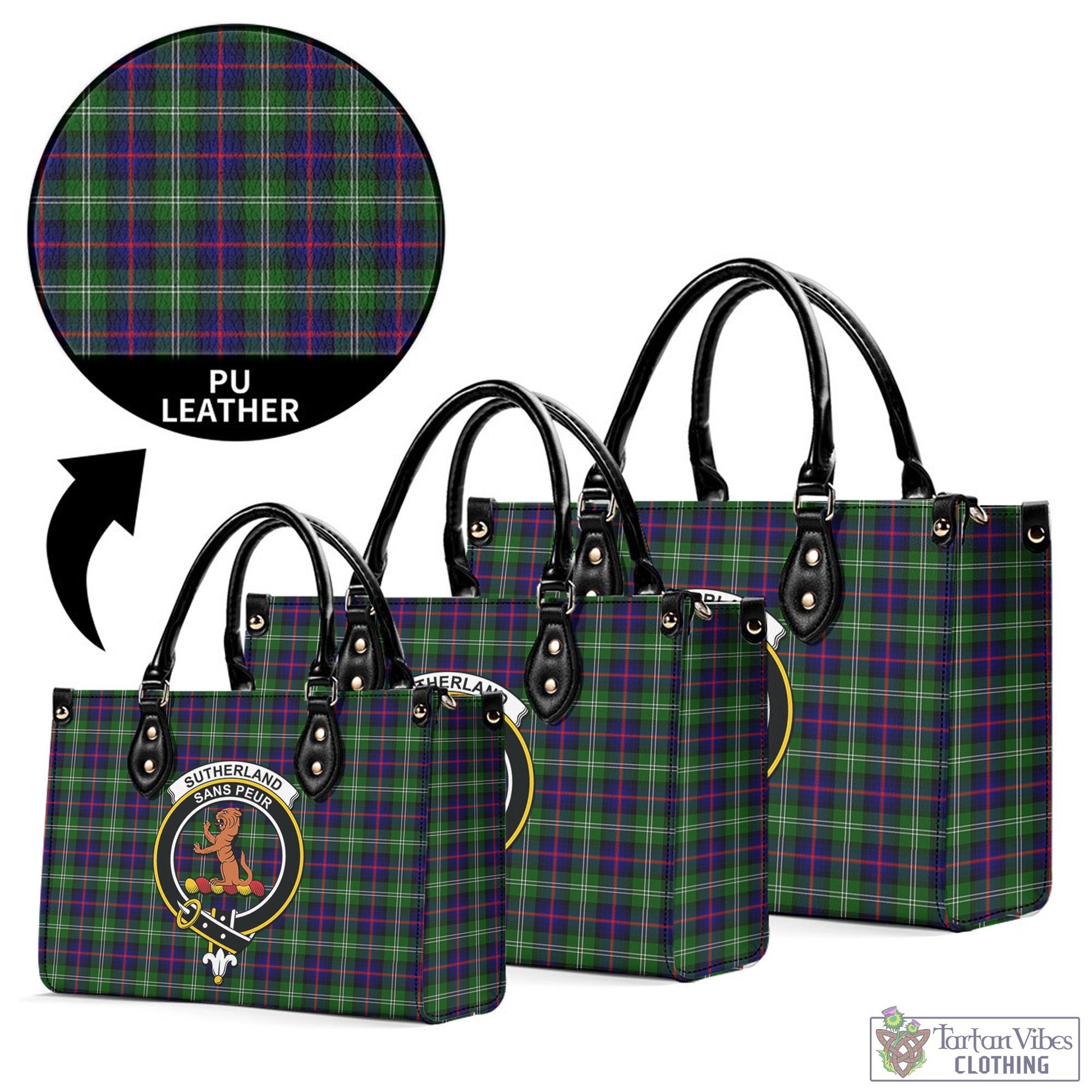 Tartan Vibes Clothing Sutherland Modern Tartan Luxury Leather Handbags with Family Crest