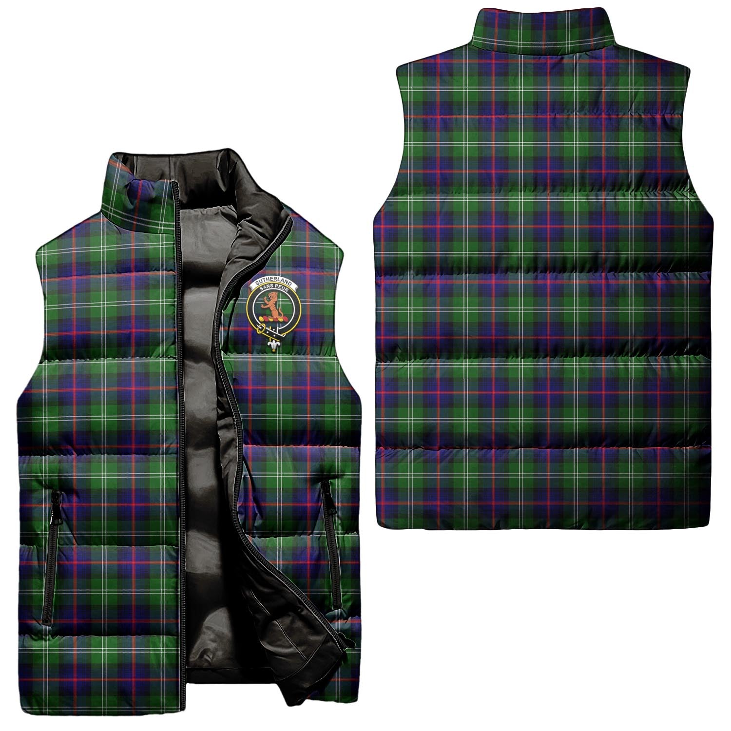 Sutherland Modern Tartan Sleeveless Puffer Jacket with Family Crest Unisex - Tartanvibesclothing