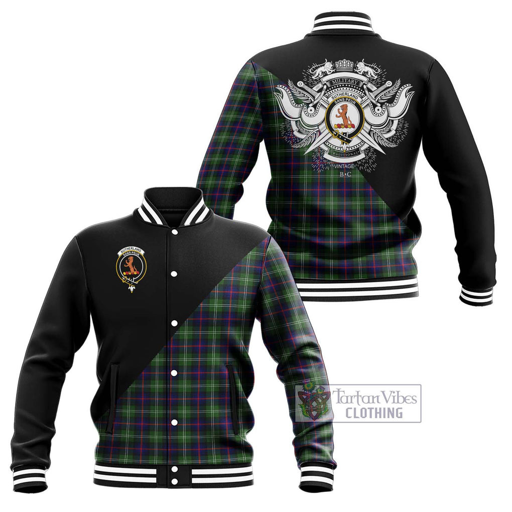 Sutherland Tartan Baseball Jacket with Family Crest and Military Logo Style Unisex - Tartanvibesclothing Shop