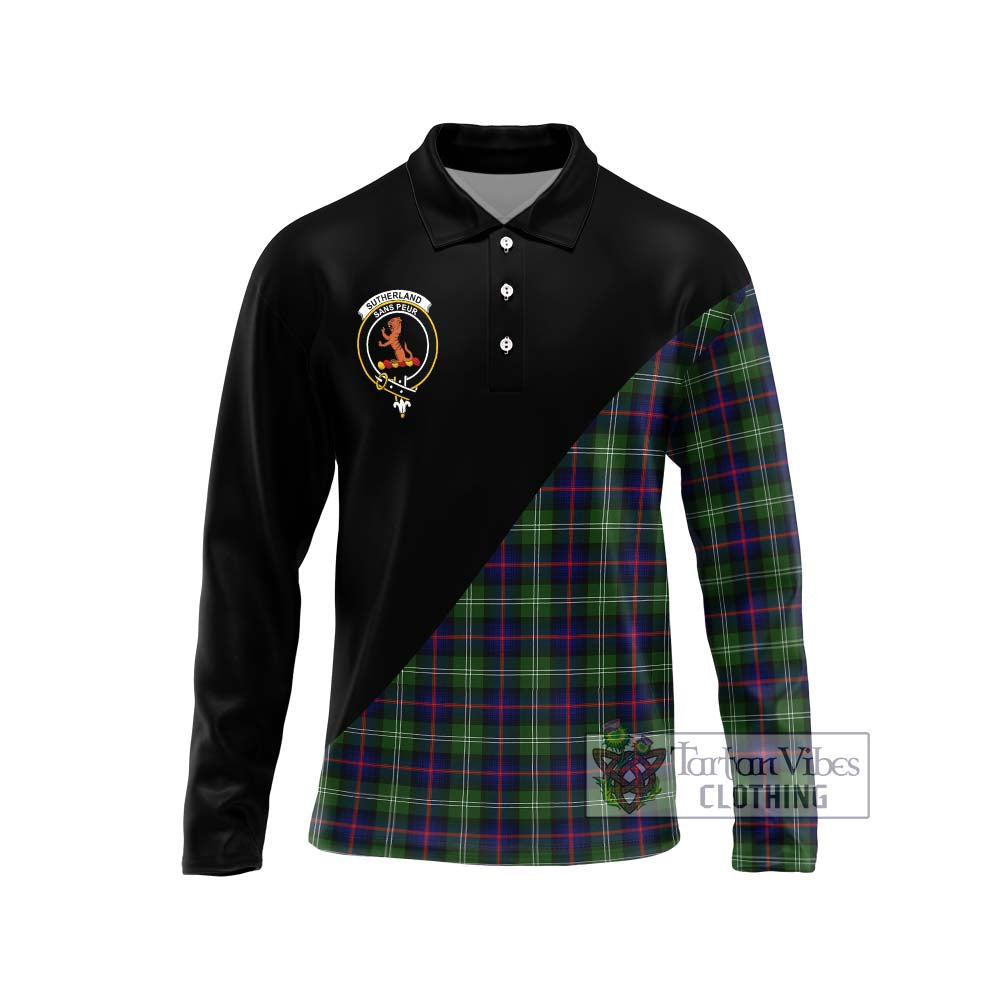 Sutherland Tartan Long Sleeve Polo Shirt with Family Crest and Military Logo Style Unisex - Tartanvibesclothing Shop