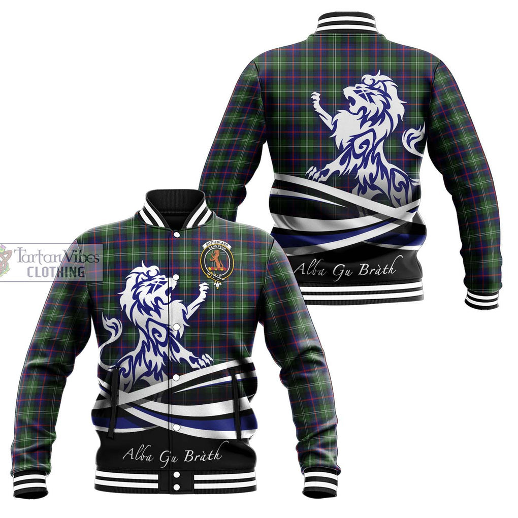 Sutherland Tartan Baseball Jacket with Alba Gu Brath Regal Lion Emblem Unisex - Tartanvibesclothing Shop