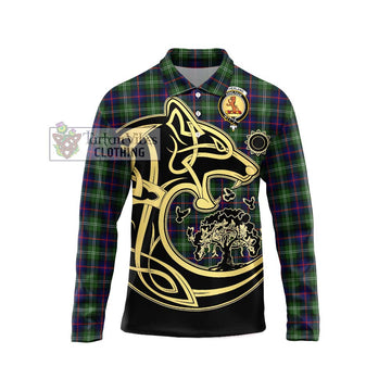 Sutherland Tartan Long Sleeve Polo Shirt with Family Crest Celtic Wolf Style