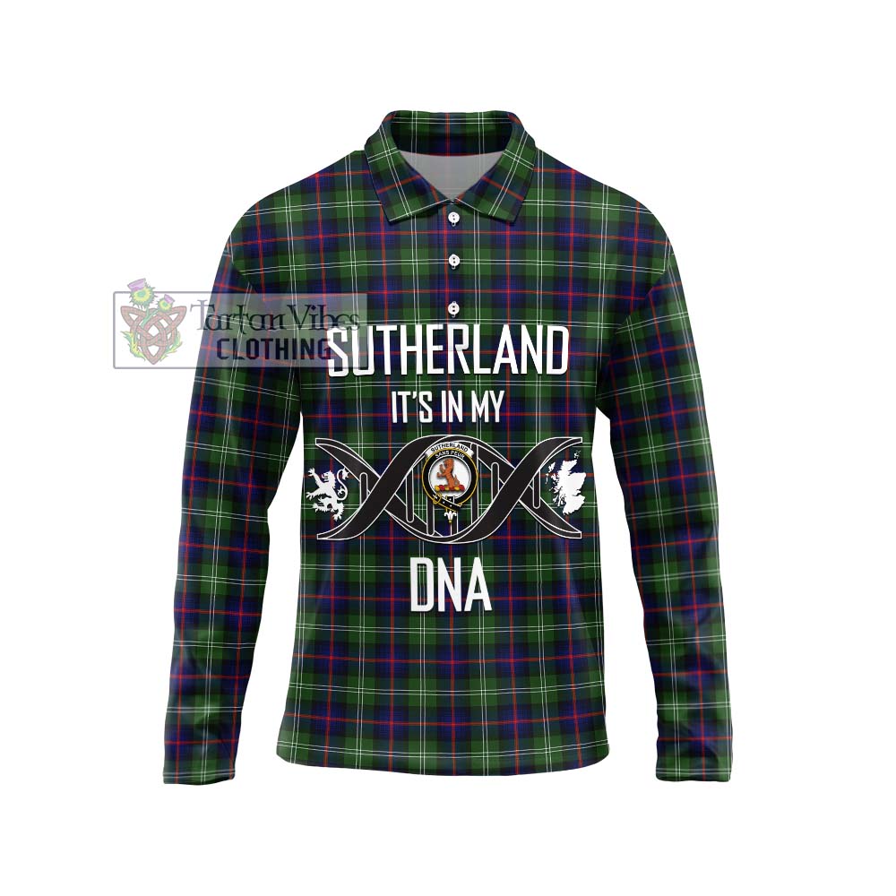 Sutherland Tartan Long Sleeve Polo Shirt with Family Crest DNA In Me Style Unisex - Tartanvibesclothing Shop