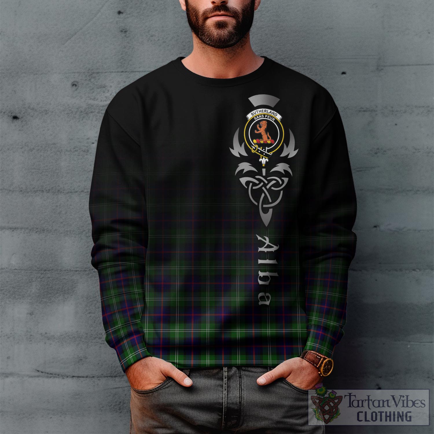 Tartan Vibes Clothing Sutherland Modern Tartan Sweatshirt Featuring Alba Gu Brath Family Crest Celtic Inspired