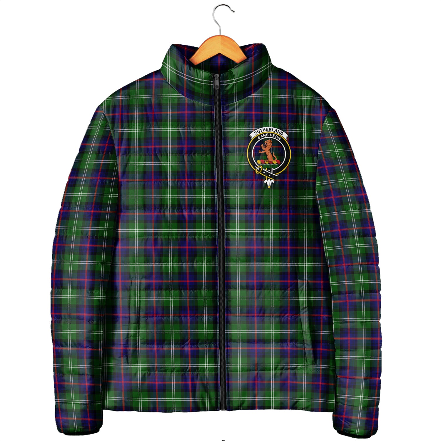 Sutherland Tartan Padded Jacket with Family Crest Men's Padded Jacket - Tartan Vibes Clothing