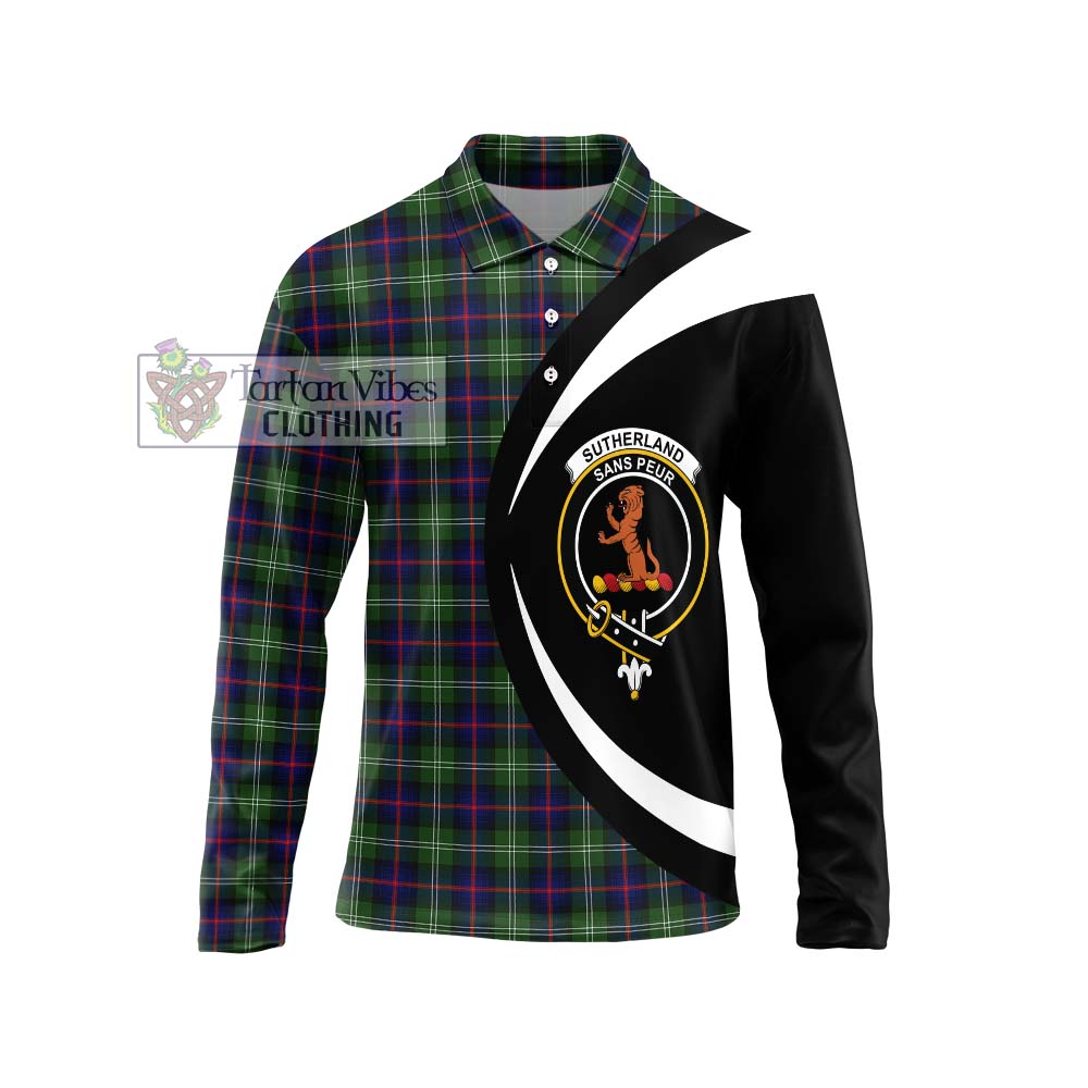 Sutherland Tartan Long Sleeve Polo Shirt with Family Crest Circle Style Unisex - Tartan Vibes Clothing