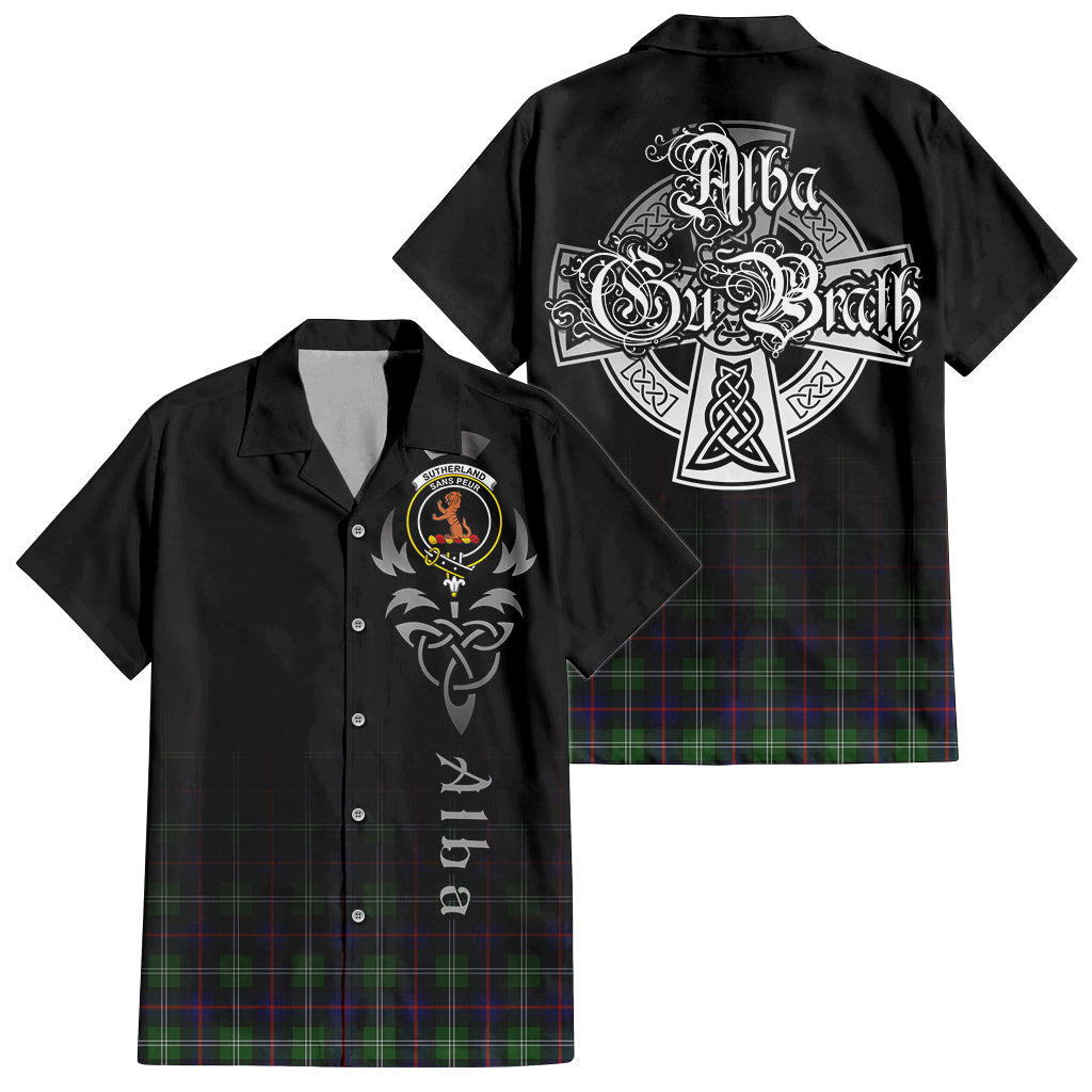 Tartan Vibes Clothing Sutherland Modern Tartan Short Sleeve Button Up Featuring Alba Gu Brath Family Crest Celtic Inspired