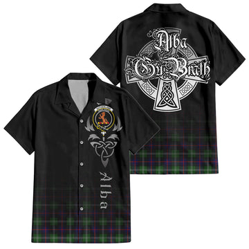 Sutherland Tartan Short Sleeve Button Up Shirt Featuring Alba Gu Brath Family Crest Celtic Inspired