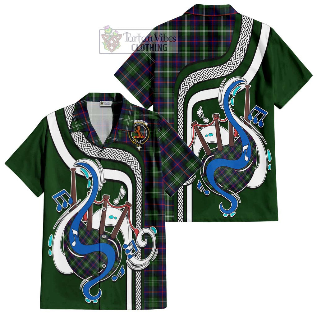 Sutherland Tartan Short Sleeve Button Shirt with Epic Bagpipe Style Kid - Tartanvibesclothing Shop