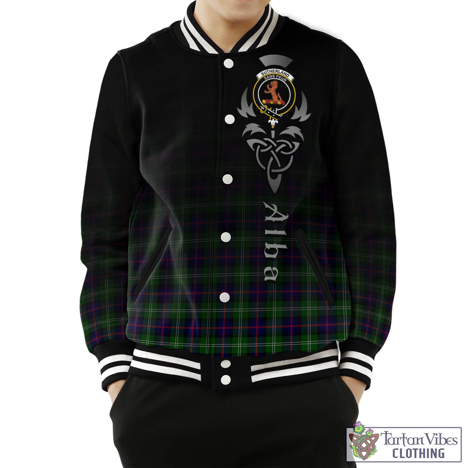 Tartan Vibes Clothing Sutherland Modern Tartan Baseball Jacket Featuring Alba Gu Brath Family Crest Celtic Inspired