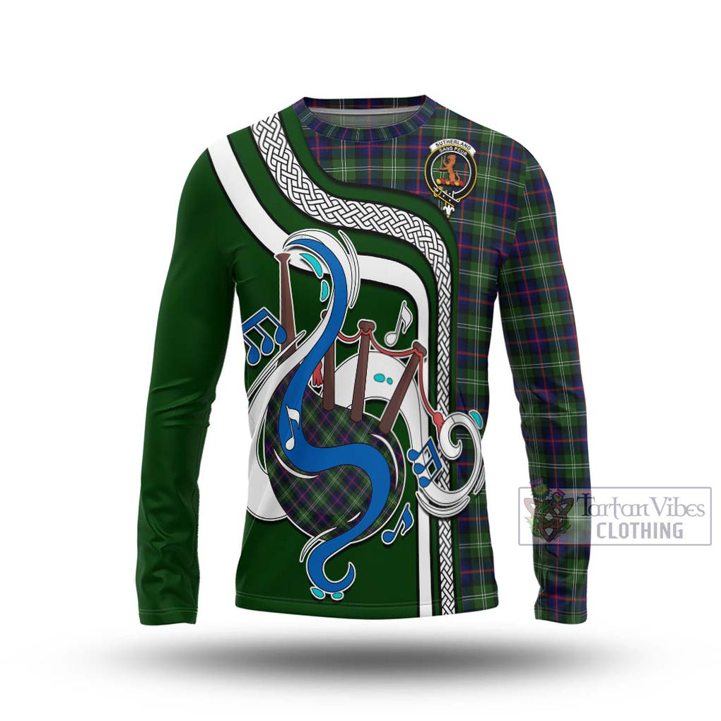 Tartan Vibes Clothing Sutherland Modern Tartan Long Sleeve T-Shirt with Epic Bagpipe Style