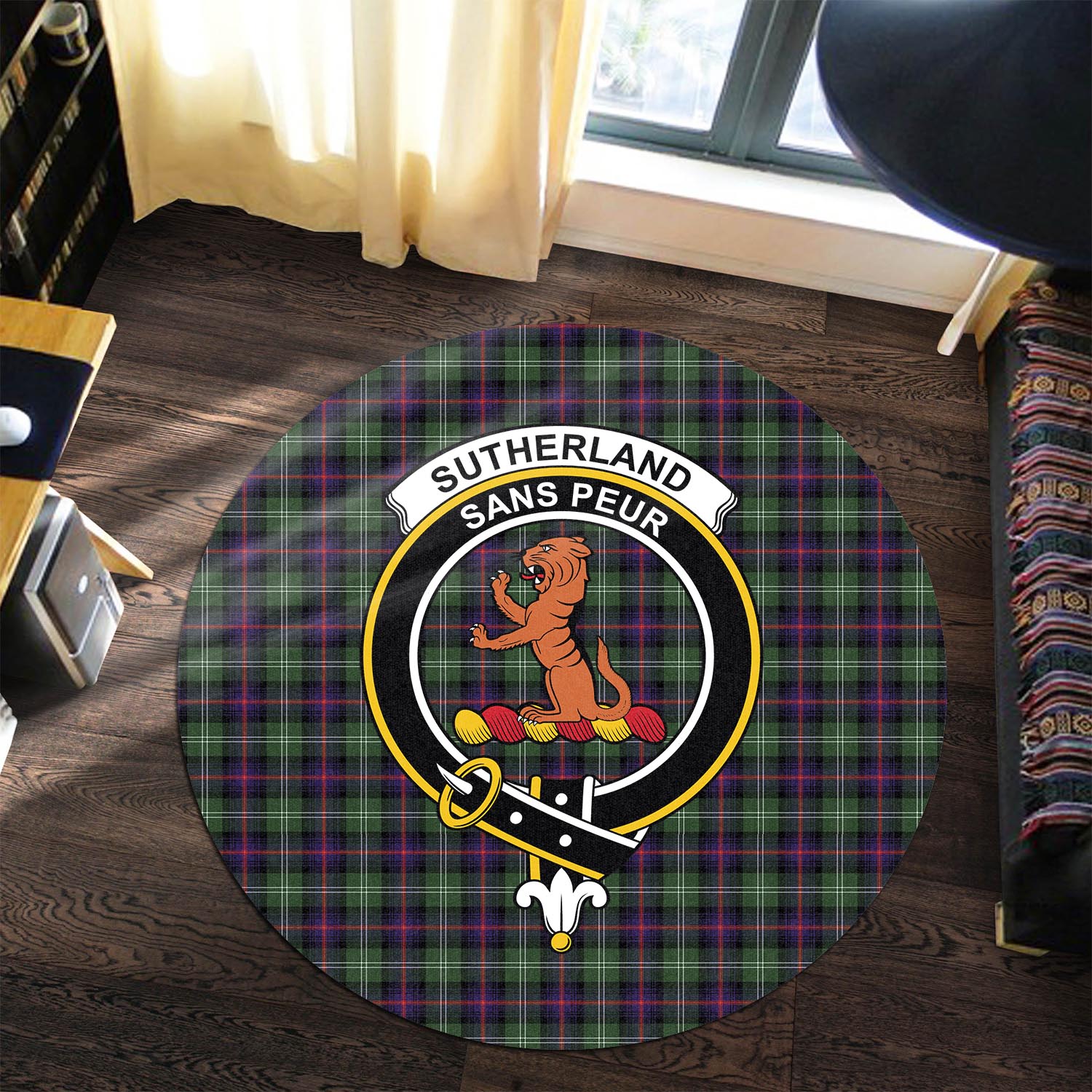 sutherland-modern-tartan-round-rug-with-family-crest