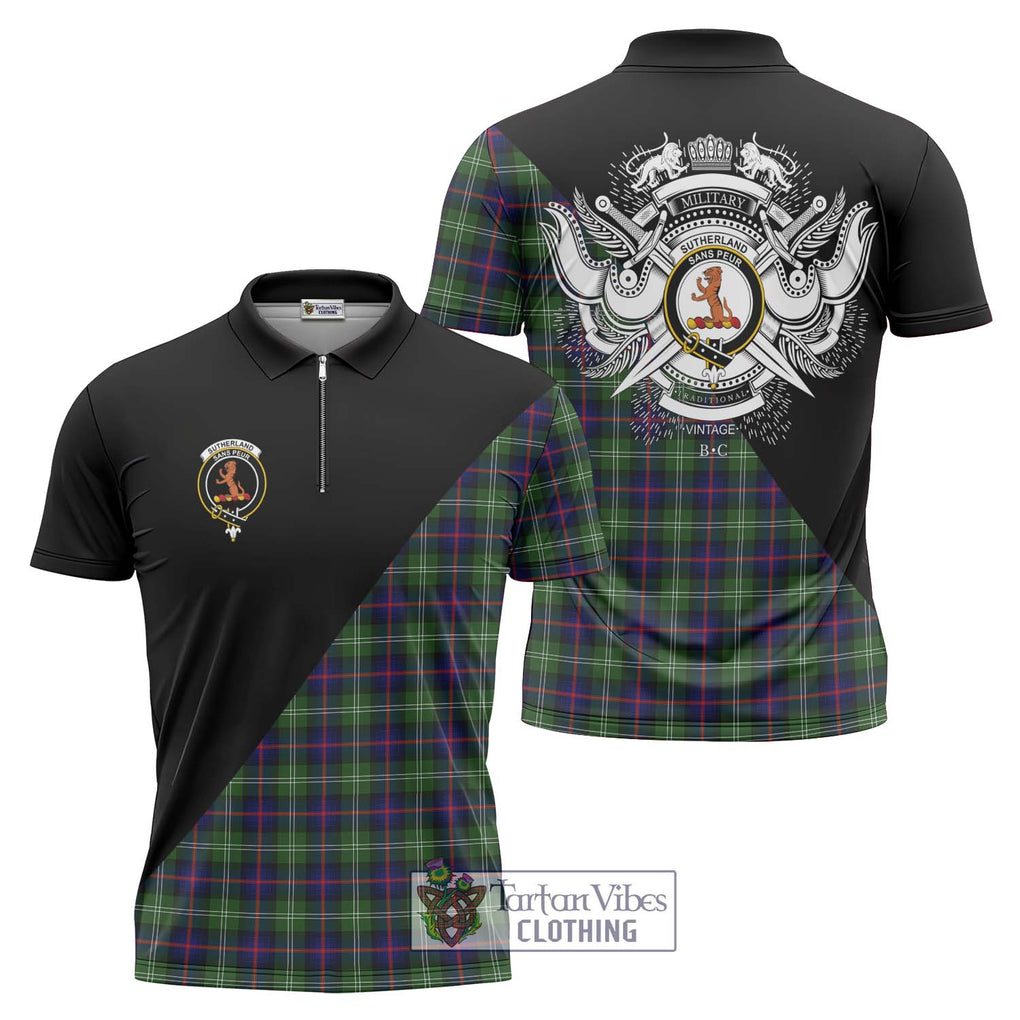 Sutherland Tartan Zipper Polo Shirt with Family Crest and Military Logo Style Unisex - Tartanvibesclothing Shop