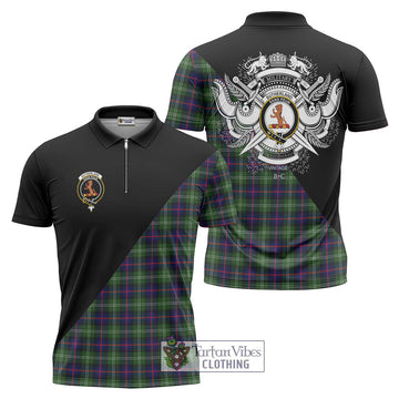 Sutherland Tartan Zipper Polo Shirt with Family Crest and Military Logo Style