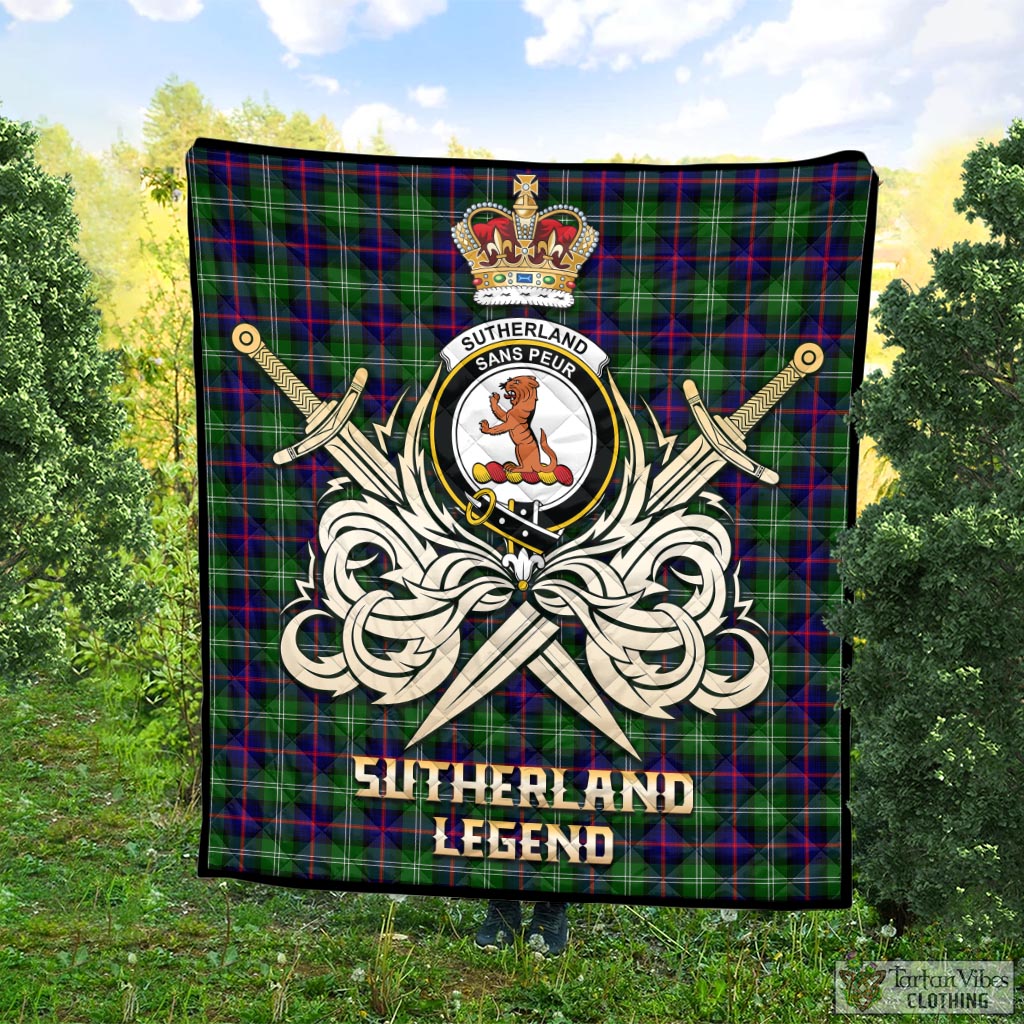 Tartan Vibes Clothing Sutherland Modern Tartan Quilt with Clan Crest and the Golden Sword of Courageous Legacy