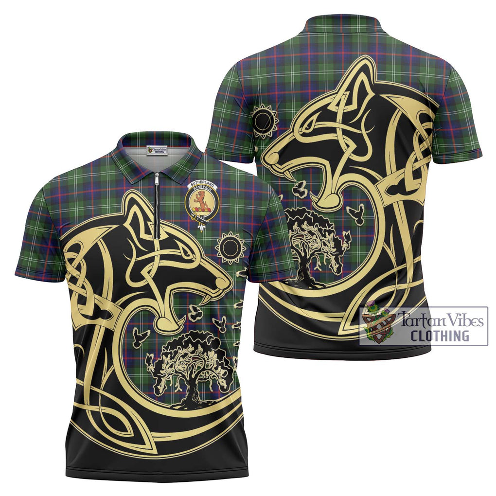 Sutherland Tartan Zipper Polo Shirt with Family Crest Celtic Wolf Style Unisex - Tartanvibesclothing Shop