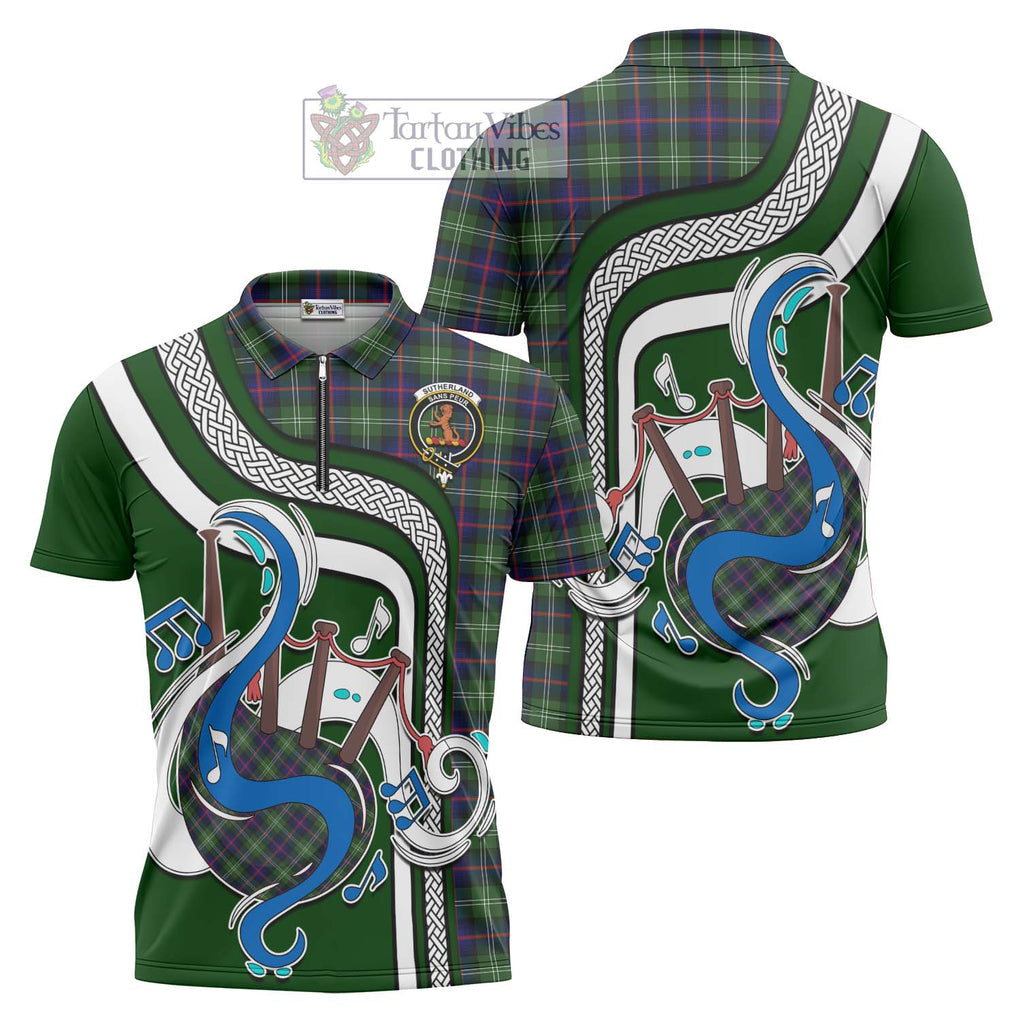 Sutherland Tartan Zipper Polo Shirt with Epic Bagpipe Style Unisex - Tartanvibesclothing Shop