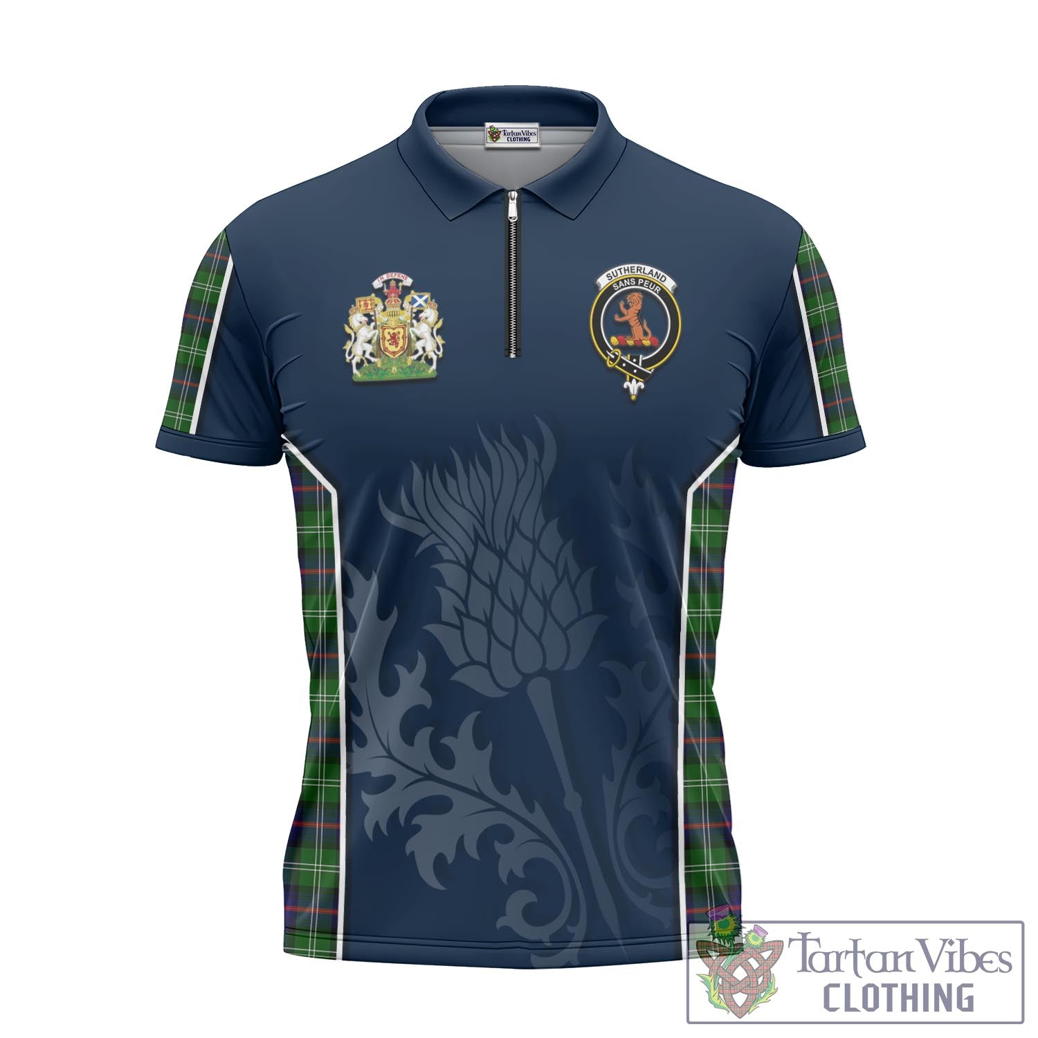 Tartan Vibes Clothing Sutherland Modern Tartan Zipper Polo Shirt with Family Crest and Scottish Thistle Vibes Sport Style