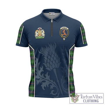 Sutherland Tartan Zipper Polo Shirt with Family Crest and Scottish Thistle Vibes Sport Style