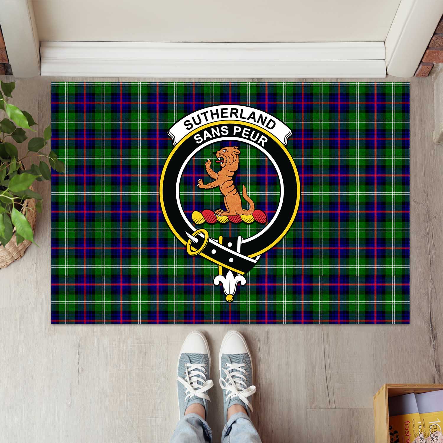 Sutherland Modern Tartan Door Mat with Family Crest - Tartanvibesclothing Shop