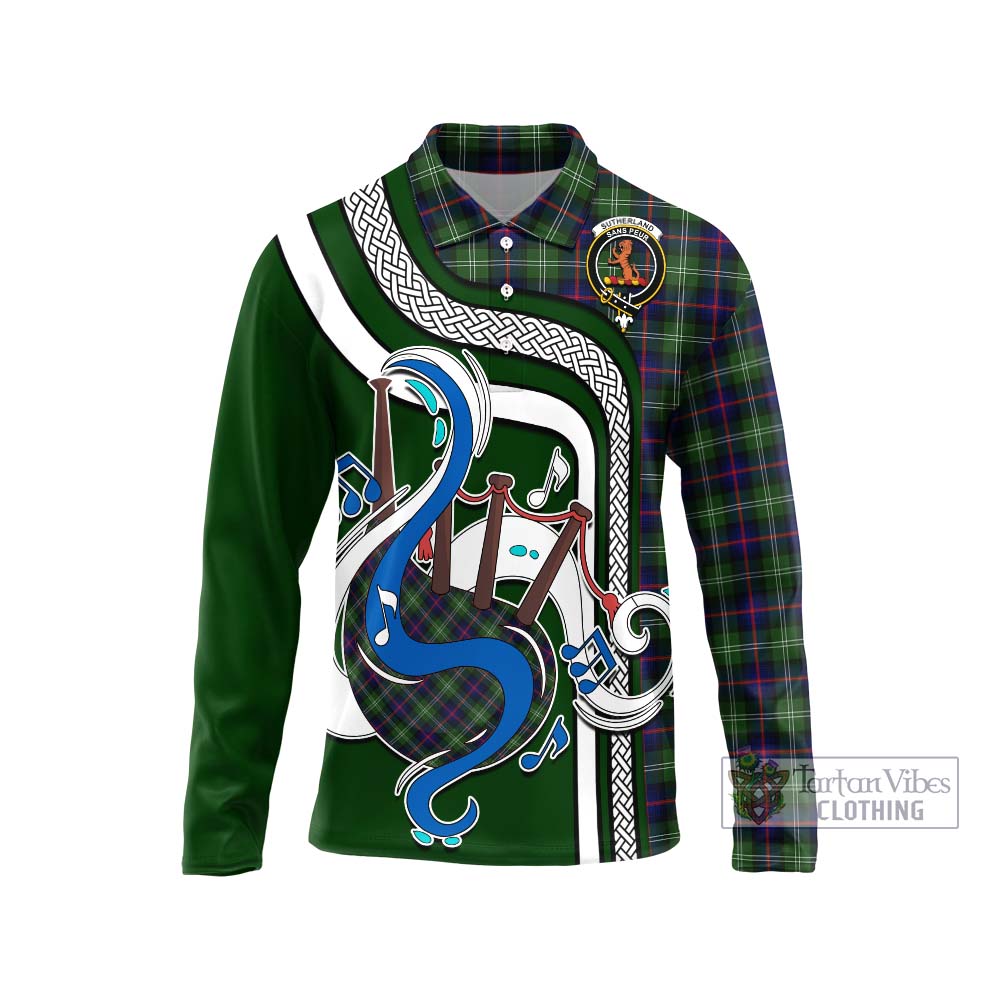 Tartan Vibes Clothing Sutherland Modern Tartan Long Sleeve Polo Shirt with Epic Bagpipe Style