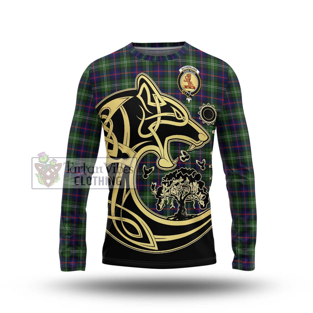 Sutherland Tartan Long Sleeve T-Shirt with Family Crest Celtic Wolf Style Unisex - Tartan Vibes Clothing