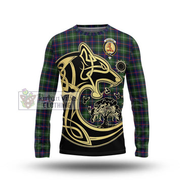 Sutherland Tartan Long Sleeve T-Shirt with Family Crest Celtic Wolf Style