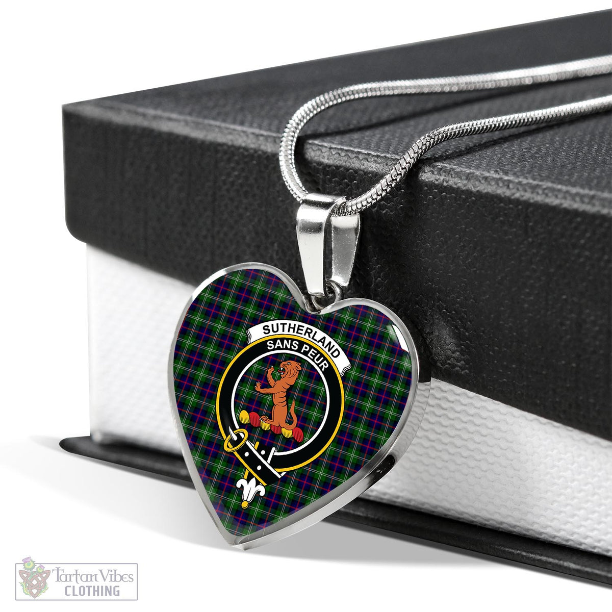 Sutherland Tartan Heart Necklace with Family Crest Luxury Necklace (Silver) No - Tartan Vibes Clothing