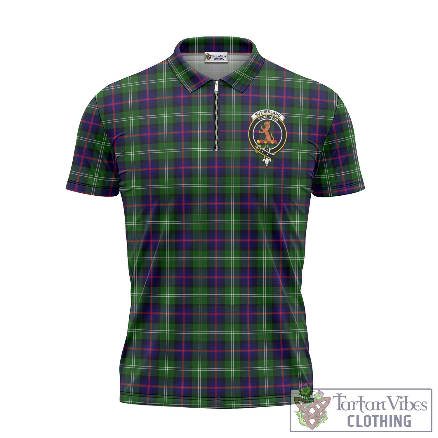 Tartan Vibes Clothing Sutherland Modern Tartan Zipper Polo Shirt with Family Crest