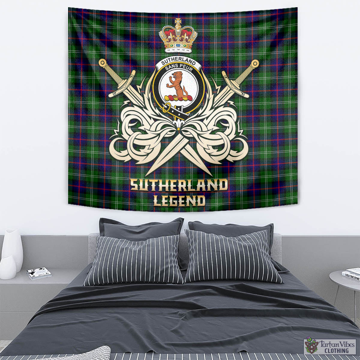 Tartan Vibes Clothing Sutherland Modern Tartan Tapestry with Clan Crest and the Golden Sword of Courageous Legacy