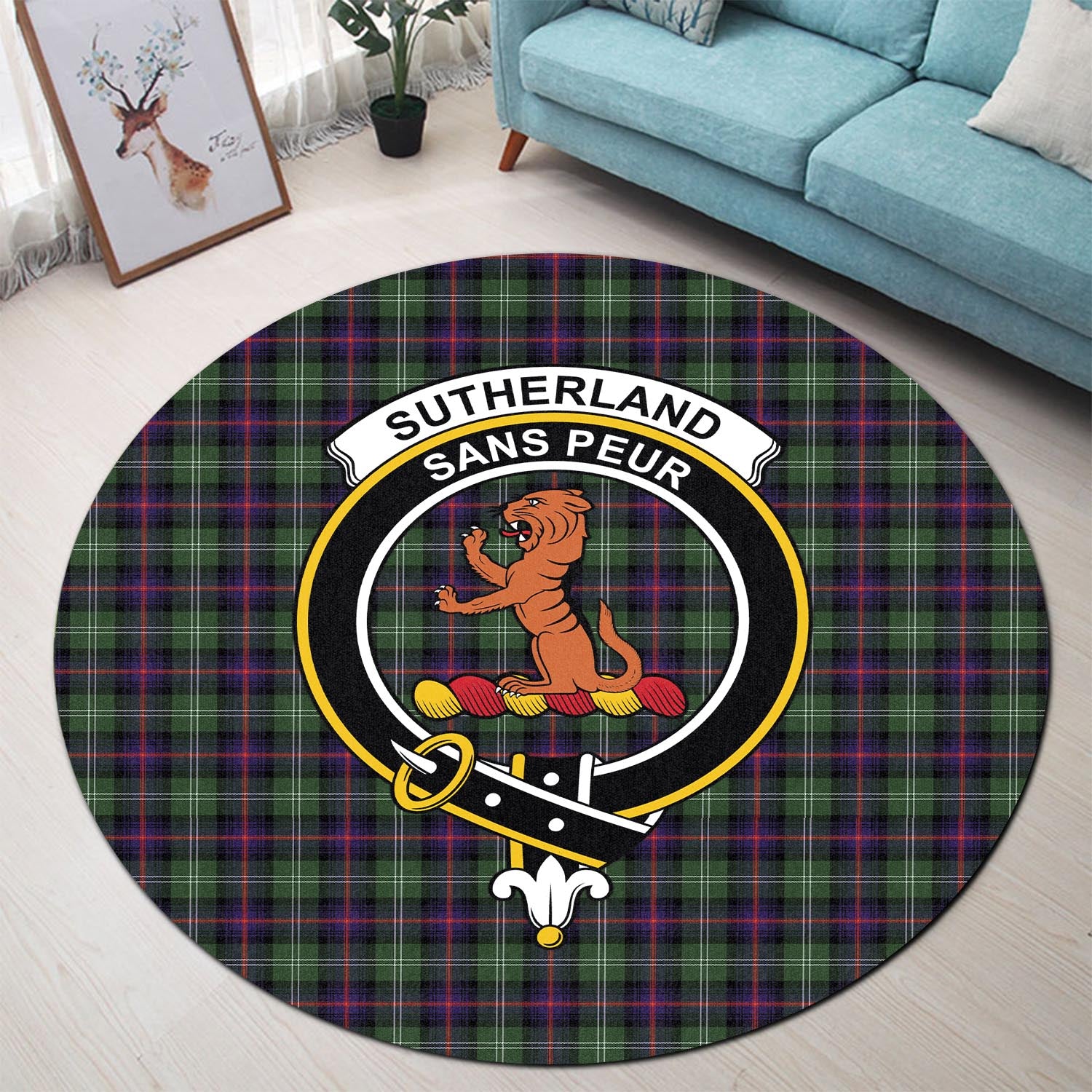 sutherland-modern-tartan-round-rug-with-family-crest