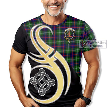 Sutherland Tartan T-Shirt with Family Crest and Celtic Symbol Style