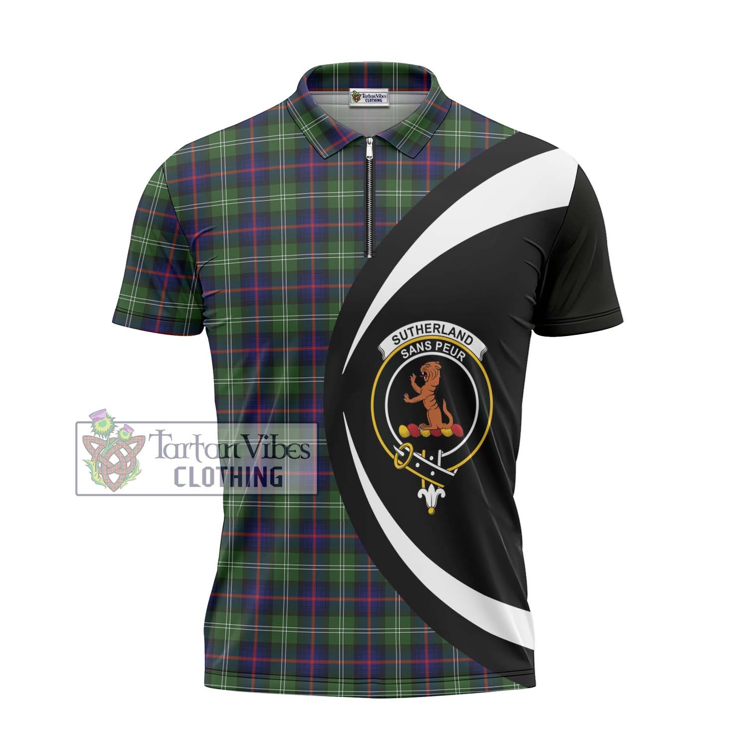 Sutherland Tartan Zipper Polo Shirt with Family Crest Circle Style - Tartan Vibes Clothing