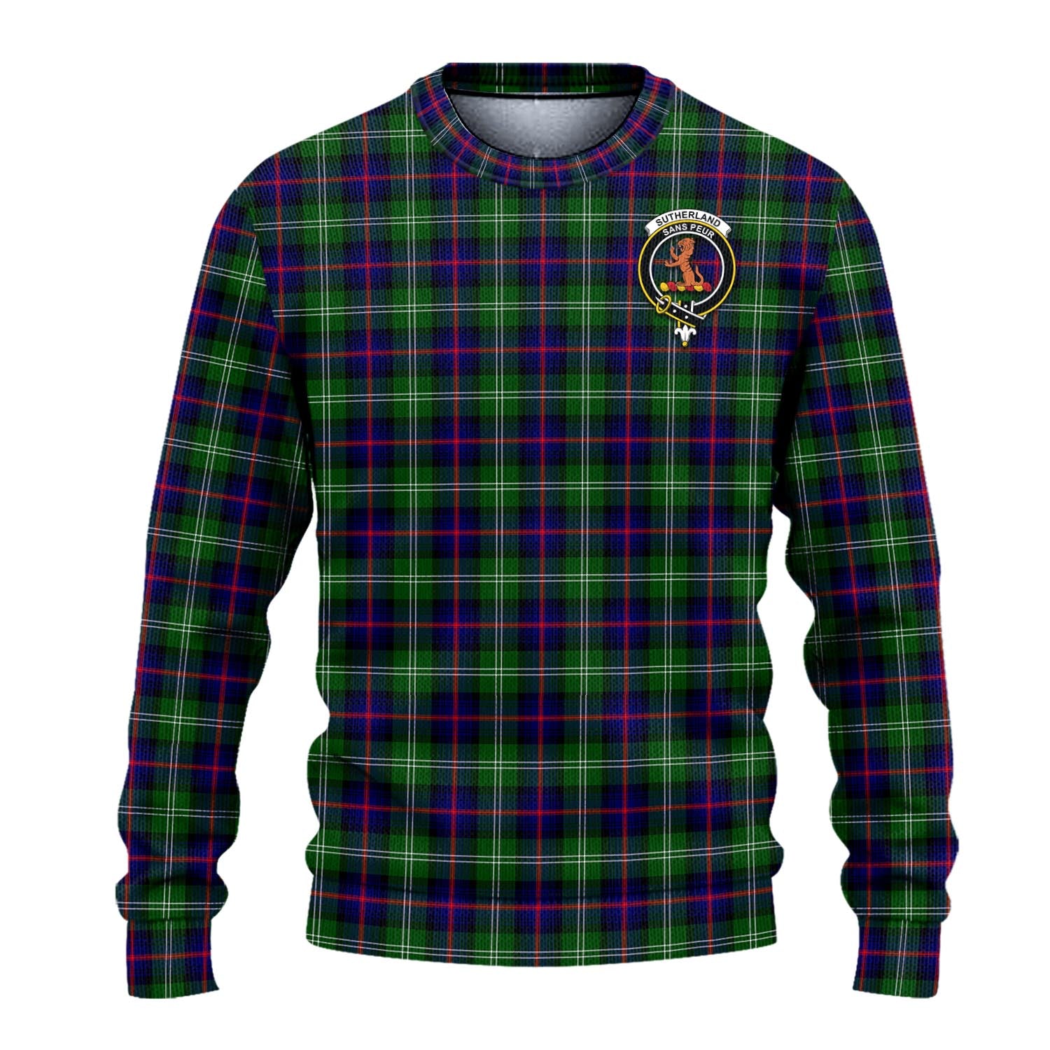 Sutherland Modern Tartan Knitted Sweater with Family Crest - Tartanvibesclothing