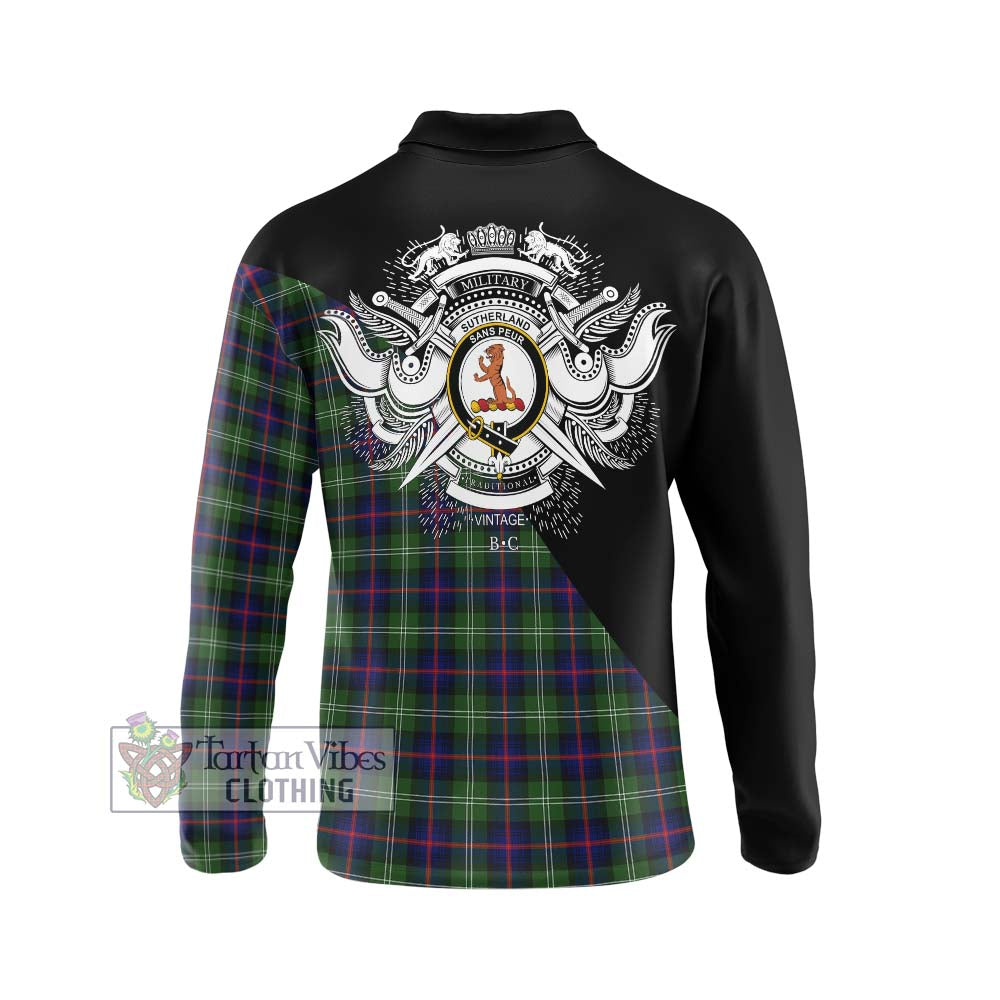 Sutherland Tartan Long Sleeve Polo Shirt with Family Crest and Military Logo Style - Tartanvibesclothing Shop