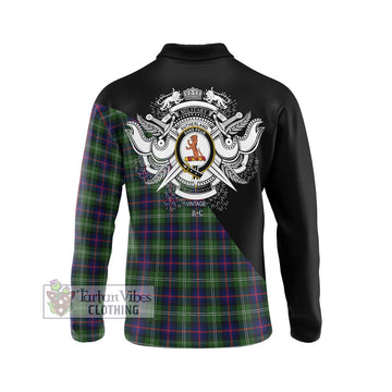 Sutherland Tartan Long Sleeve Polo Shirt with Family Crest and Military Logo Style