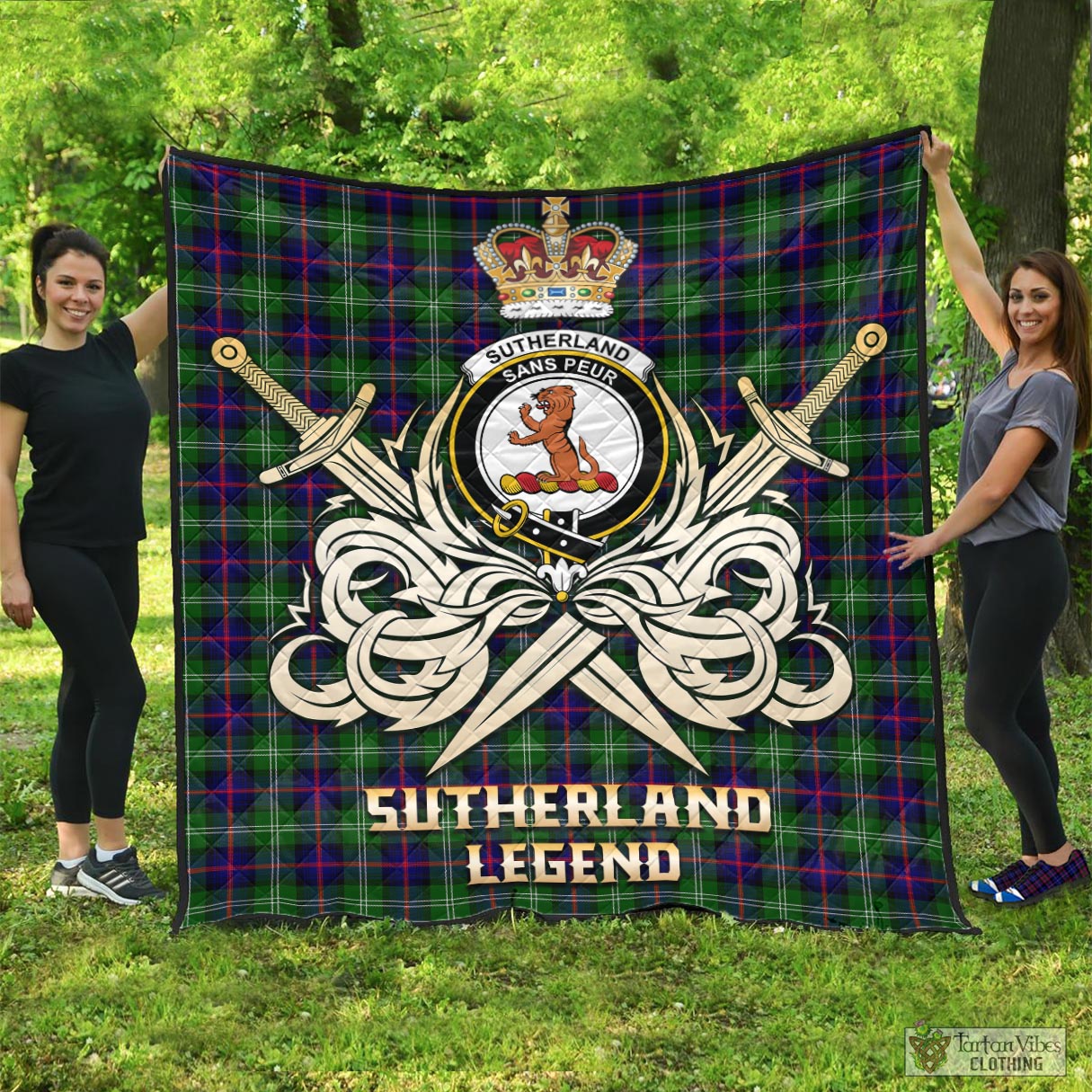 Tartan Vibes Clothing Sutherland Modern Tartan Quilt with Clan Crest and the Golden Sword of Courageous Legacy