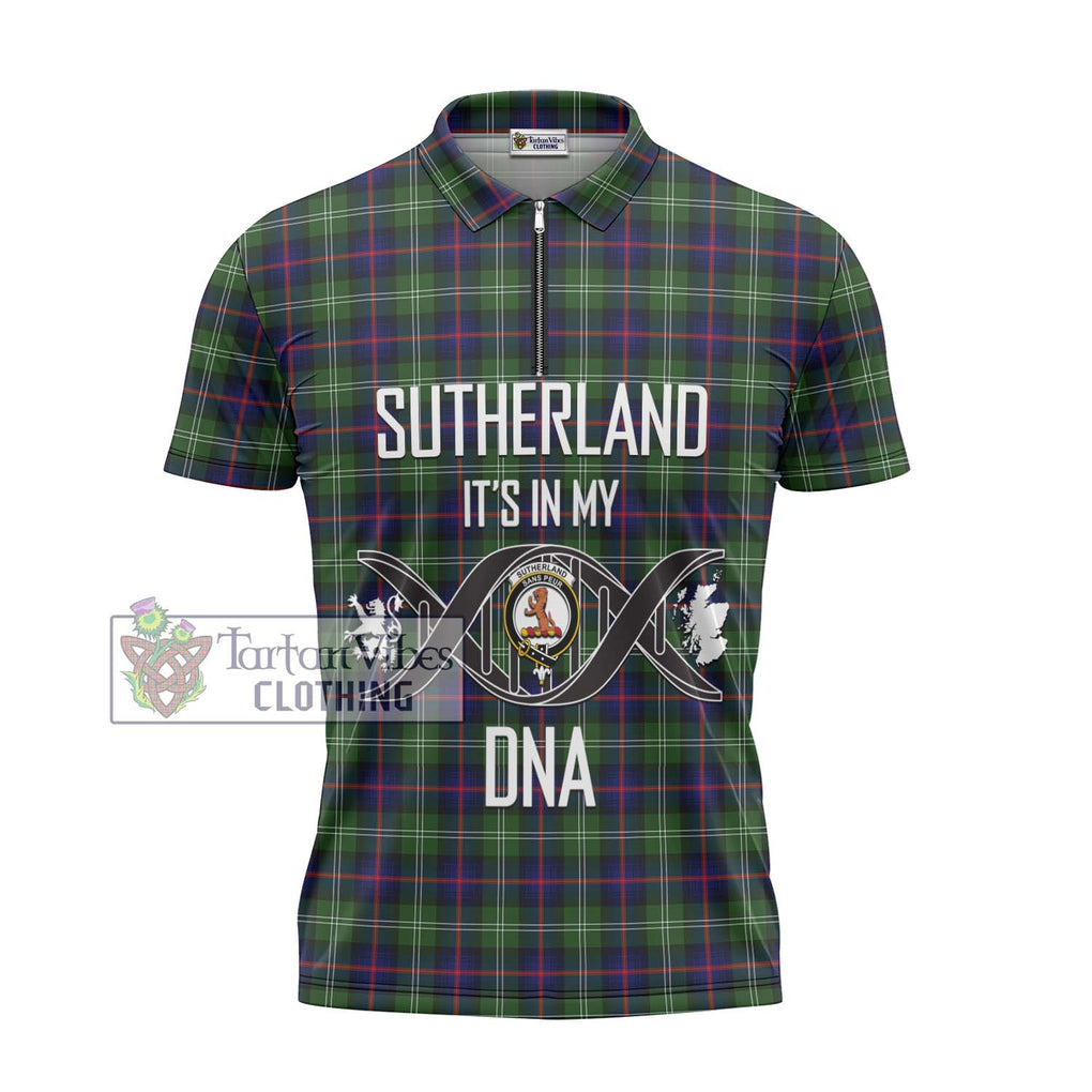 Sutherland Tartan Zipper Polo Shirt with Family Crest DNA In Me Style - Tartanvibesclothing Shop