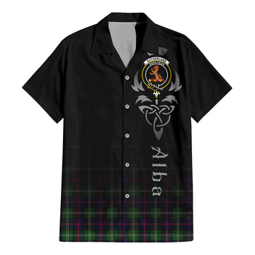 Sutherland Tartan Short Sleeve Button Up Shirt Featuring Alba Gu Brath Family Crest Celtic Inspired