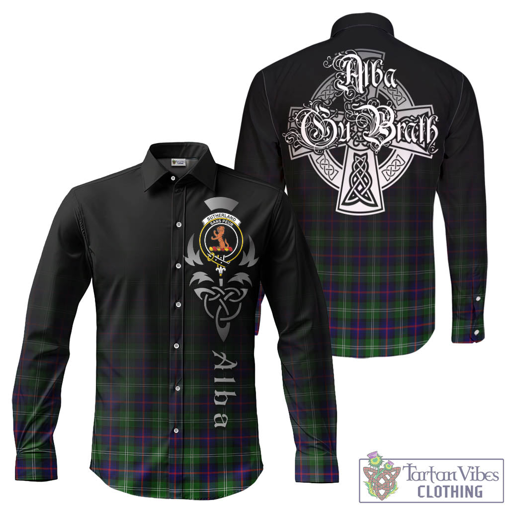 Tartan Vibes Clothing Sutherland Modern Tartan Long Sleeve Button Up Featuring Alba Gu Brath Family Crest Celtic Inspired