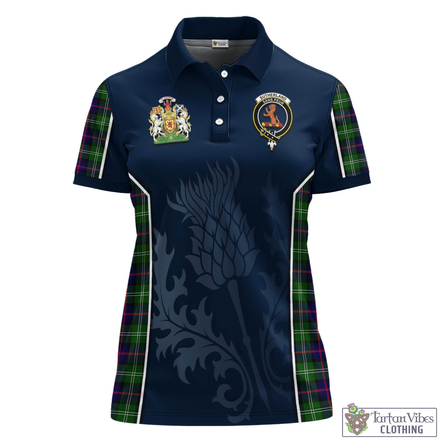 Tartan Vibes Clothing Sutherland Modern Tartan Women's Polo Shirt with Family Crest and Scottish Thistle Vibes Sport Style