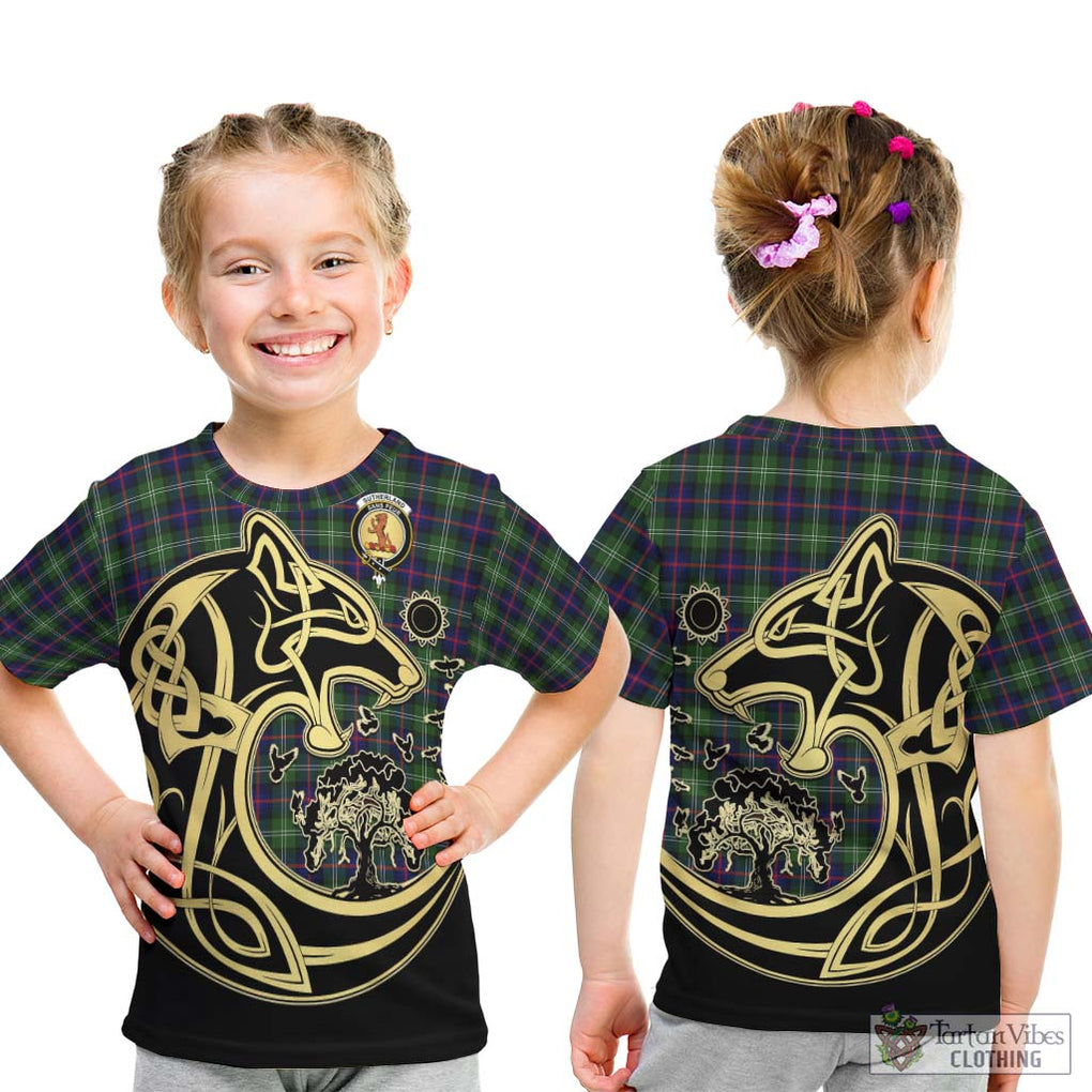 Sutherland Tartan Kid T-Shirt with Family Crest Celtic Wolf Style - Tartan Vibes Clothing