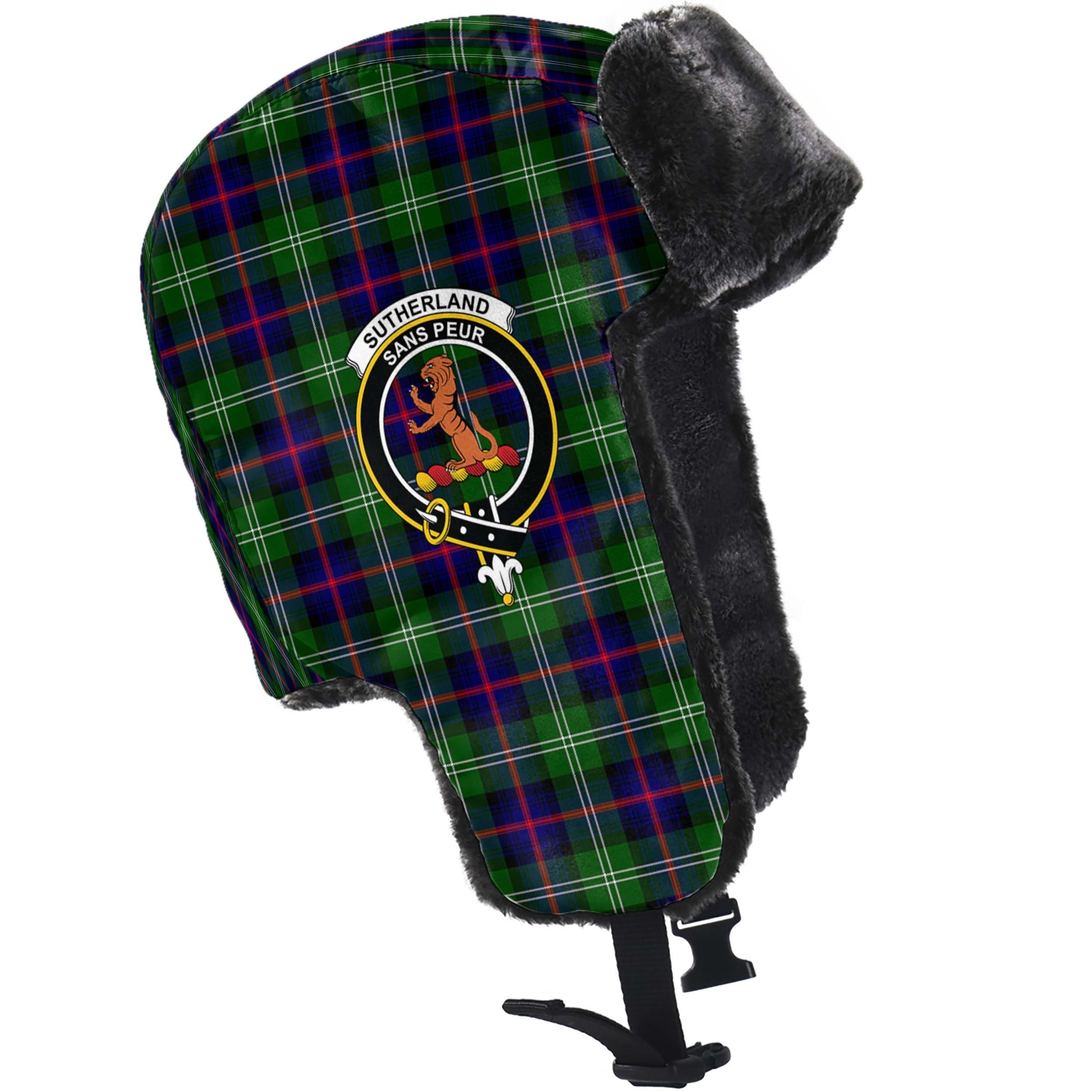 Sutherland Modern Tartan Winter Trapper Hat with Family Crest - Tartanvibesclothing