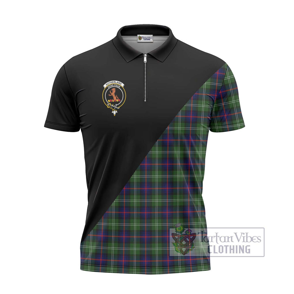 Sutherland Tartan Zipper Polo Shirt with Family Crest and Military Logo Style - Tartanvibesclothing Shop