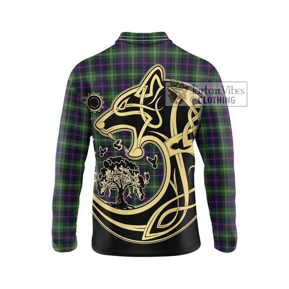 Sutherland Tartan Long Sleeve Polo Shirt with Family Crest Celtic Wolf Style - Tartanvibesclothing Shop