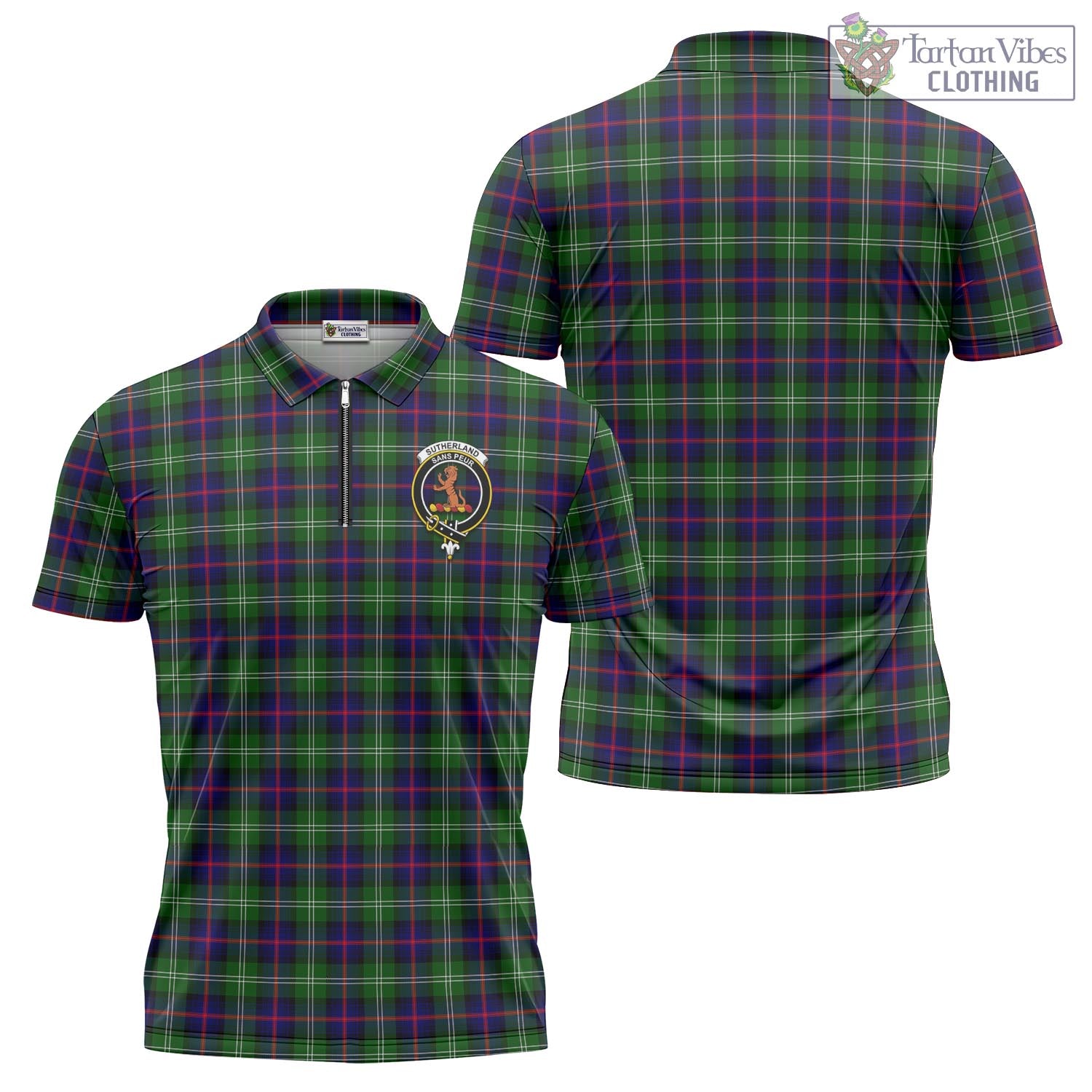 Tartan Vibes Clothing Sutherland Modern Tartan Zipper Polo Shirt with Family Crest